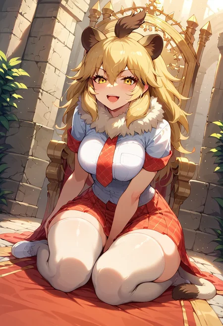 1girl, ((solo)), best quality, ultra-detailed, extremely detailed, perfect anatomy, masterpiece, score_9, score_8_up, score_7_up, Expressiveh, lion (kemono friends), blonde hair, animal ears, tail, yellow eyes, long hair, hair between eyes, white shirt, short sleeves, fur collar, red skirt, plaid skirt, red necktie, plaid necktie, thighhighs, breast pocket, white shoes, medium breasts, thick thighs, wide hips, thigh squish, full body, indoors, medieval ruins, throne room ruins, stone throne, plant overgrowth, light shining in through windows, windows on sides, sitting in throne, leaning forward, sitting pose, confident look, confident smile, smug open mouth smile, staring at viewer, dutch angle, dynamic lighting, closeup,