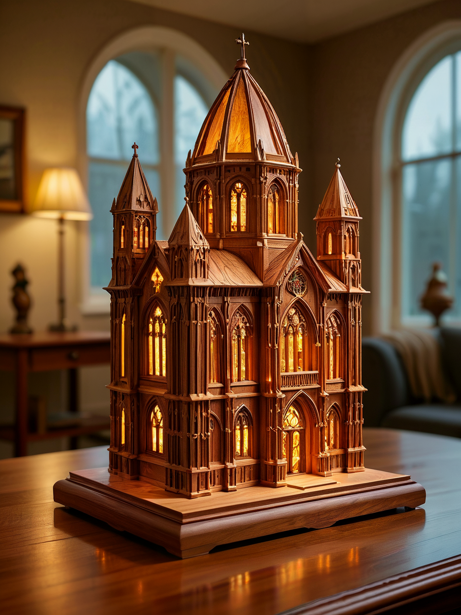 award winning photo, 

The magnificent craftsmanship of a miniature cathedral carved from a block of solid redwood. It sits on a table in my living room. It glows from within. Night.