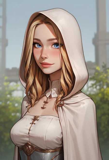 (score_9, score_8_up, score_7_up). (line work, excellent drawing, highest quality, extremely detailed:1.2). solo, 1girl, 24 year old woman, Battle Cleric, saint, vestal, hood, armor, religious, medium breasts, glossy lips, long lashes, blue eyes, blonde hair, innocent, cute face, pale skin, soft skin, shy smile, blushing, slut face, nympho, horseriding skirt, fantasy, dnd, g0thicPXL, romantic, source_cartoon, depth of field, medium distance, cowboy_shot, semirealistic, dynamic angle, side view, in profile, chapel background, pinup pose,