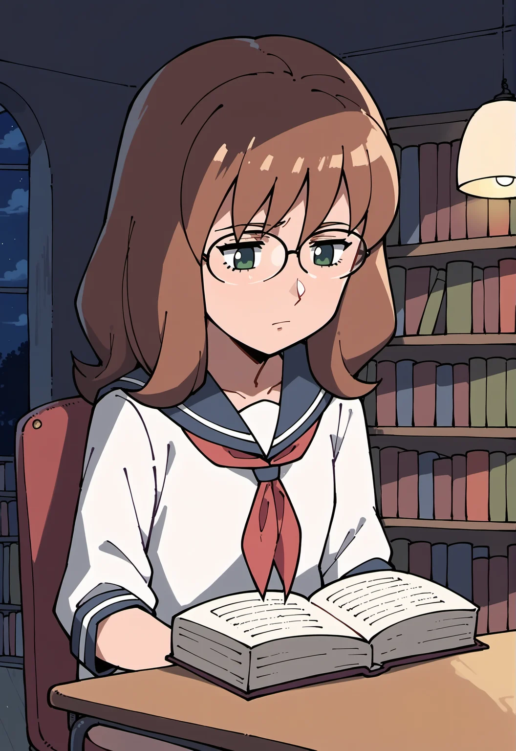 score_9, score_8_up, score_7_up, score_6_up,
BREAK
SharlaMWS, 1girl, sharla \(mujin wakusei survive\), green eyes, glasses, brown hair, medium hair, bangs, solo, small breast, upper body, sleepy, looking down, studying, sitting, looking down, on chair,
BREAK
serafuku, school uniform,
BREAK
indoors, desk, desk lamp, dim lighting, night, dark, open book, pile of books, library, bookshelf, chair <lora:Sharla_PlanetSurvival:1>