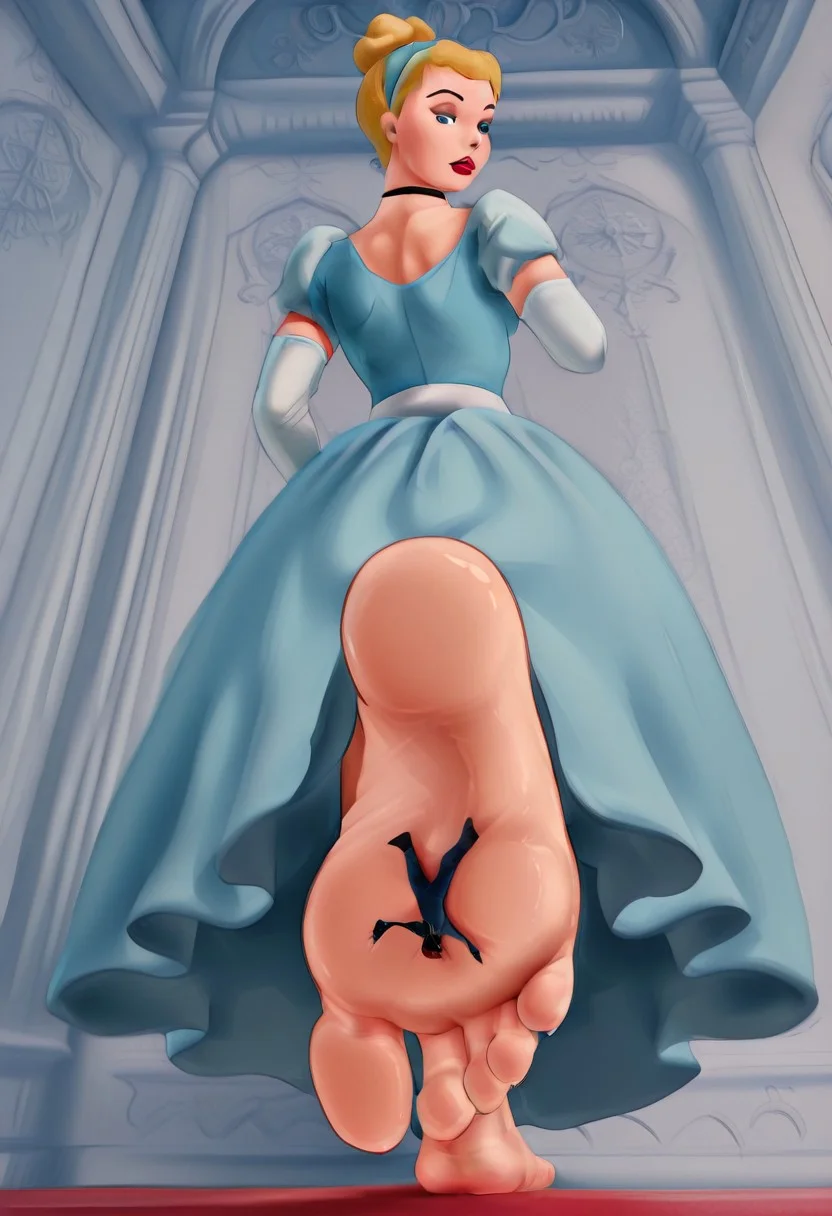 giantess, underfoot, size difference, 1girl, 1boy, from behind, looking back, soles, looking at viewer, toes, foot focus, feet, CinderellaXL,,blonde hair, hair bun, hairband, blue eyes, makeup, red lips,,choker, elbow gloves, blue dress,,
, maku_lu_style,