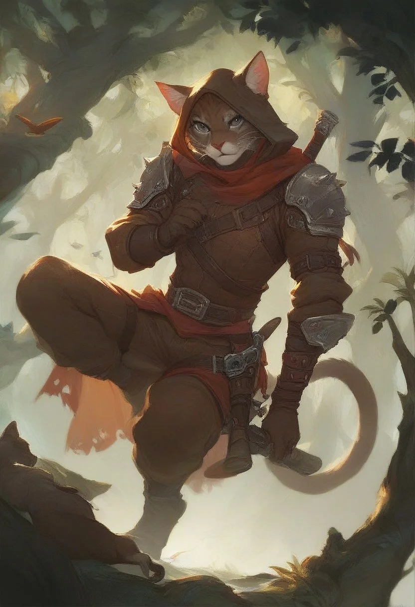 (score_9, score_8_up, score_7_up), furry, feline, cat, gray-brown fur, bi-color, rogue, hood, fantasy leather armor, gray eyes, dark mysterious forest background