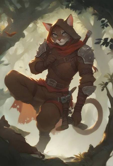 (score_9, score_8_up, score_7_up), furry, feline, cat, gray-brown fur, bi-color, rogue, hood, fantasy leather armor, gray eyes, dark mysterious forest background