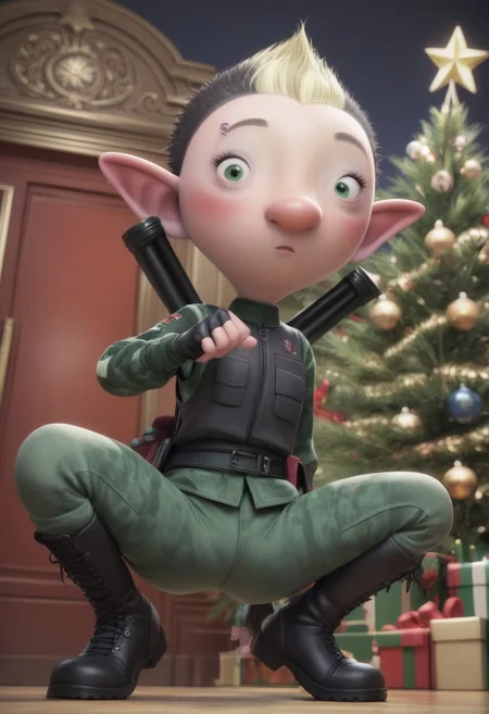 Bryony Shelfley, 1girl, elf, female elf, petite, black short hair, blond mohawk, pointy ears, elf ears, fingerless gloves, miliary uniform, black boots, piercing on right eyebrow, green eyes, small eyes, big nose, blush, score_8_up, score_7_up, BREAK, 1girl, solo, from behind, crossed shape backpack, female focus, looking at viewer, crouching, ninja pose, from below, christmas tree on background, detailed background, 4k, masterpiece, best quality, highly detailed, 3d
