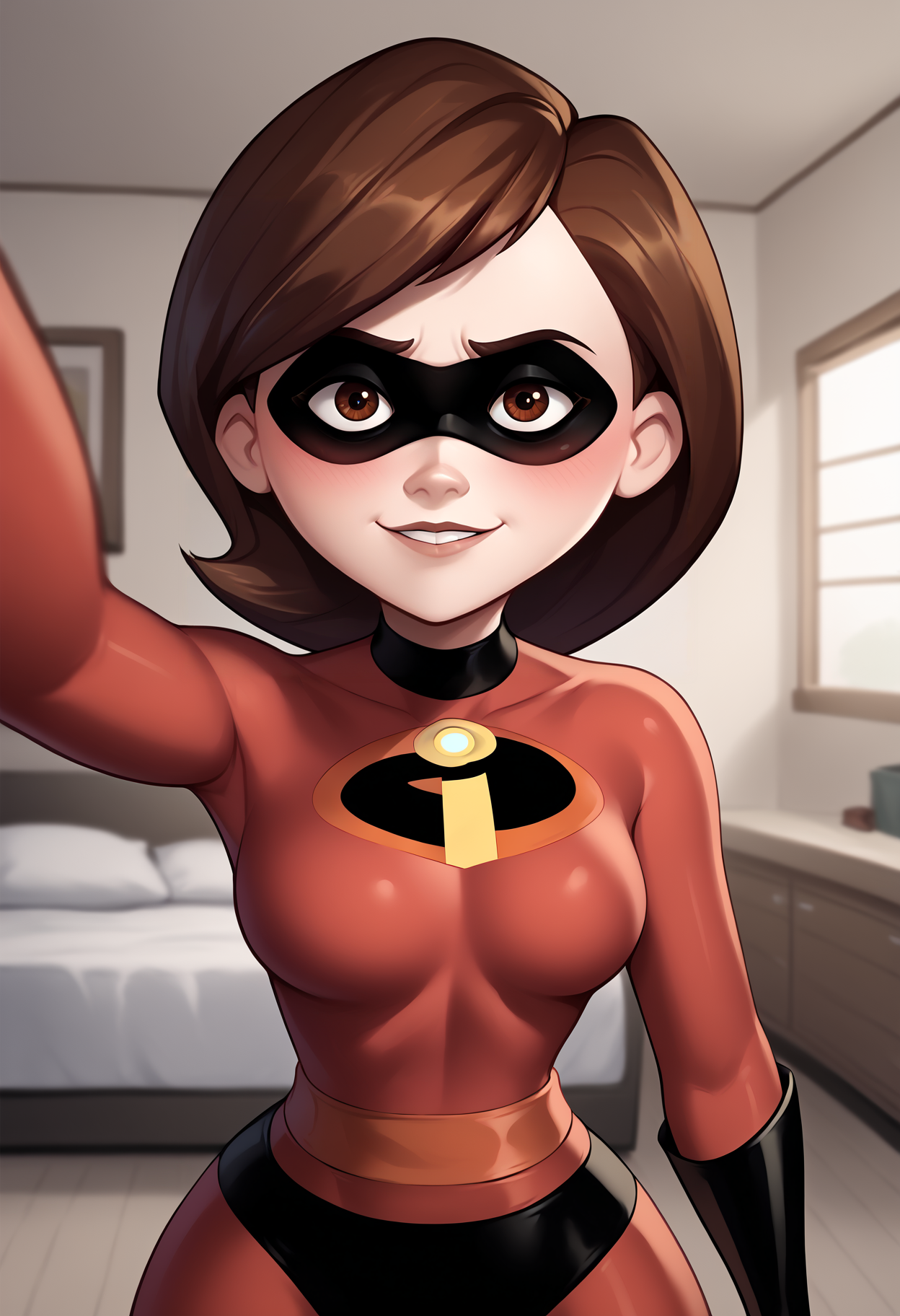 score_9, score_8_up, score_7_up, score_6_up, score_5_up, score_4_up, BREAK,
1girl, helenparr, brown hair, brown eyes, domino mask, bodysuit, smile, kabedonpov, blush, upper body, looking at viewer, solo, indoors, bedroom background    <lora:GrabbingViewerXL:1> <lora:HelenParrXL:1>