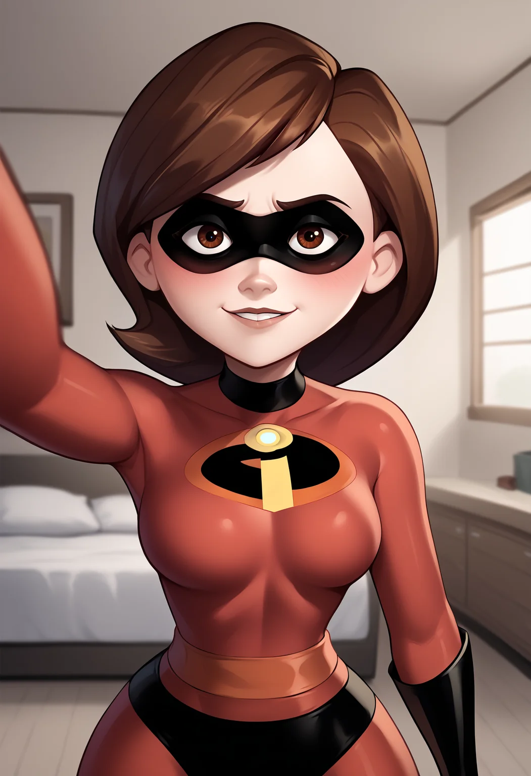 score_9, score_8_up, score_7_up, score_6_up, score_5_up, score_4_up, BREAK,
1girl, helenparr, brown hair, brown eyes, domino mask, bodysuit, smile, kabedonpov, blush, upper body, looking at viewer, solo, indoors, bedroom background <lora:GrabbingViewerXL:1> <lora:HelenParrXL:1>