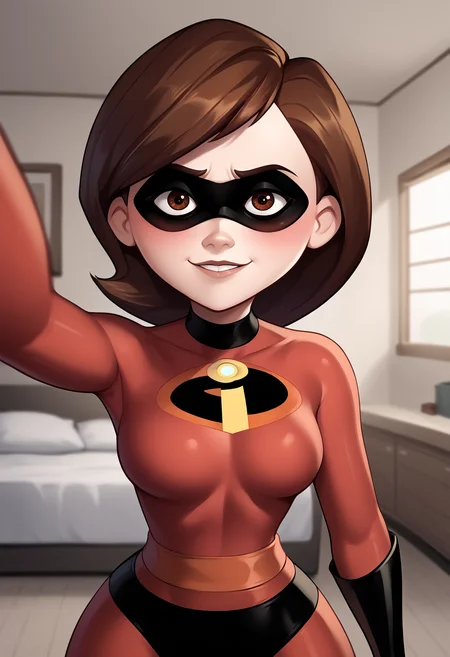 score_9, score_8_up, score_7_up, score_6_up, score_5_up, score_4_up, BREAK,
1girl, helenparr, brown hair, brown eyes, domino mask, bodysuit, smile, kabedonpov, blush, upper body, looking at viewer, solo, indoors, bedroom background <lora:GrabbingViewerXL:1> <lora:HelenParrXL:1>