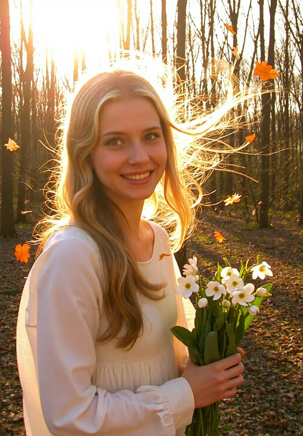 d1g1cam, young woman, early 20s, looking at the viewer, shy smile, blonde wavy hair floating under the wind, fair skin, green eyes, wearing a loose cream-colored long-sleeve dress, standing in a forest with bare trees, holding a small bouquet of white snowdrop flowers, golden sunlight filtering through trees, backlit effect, warm glow on hair and skin, floating embers and leaves in the air, bright lighting casts lens flares, powerfull wind, in motion, dynamic angle