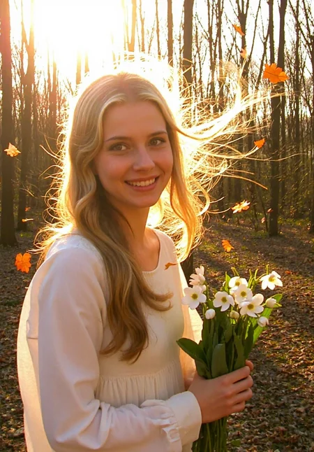 d1g1cam, young woman, early 20s, looking at the viewer, shy smile, blonde wavy hair floating under the wind, fair skin, green eyes, wearing a loose cream-colored long-sleeve dress, standing in a forest with bare trees, holding a small bouquet of white snowdrop flowers, golden sunlight filtering through trees, backlit effect, warm glow on hair and skin, floating embers and leaves in the air, bright lighting casts lens flares, powerfull wind, in motion, dynamic angle