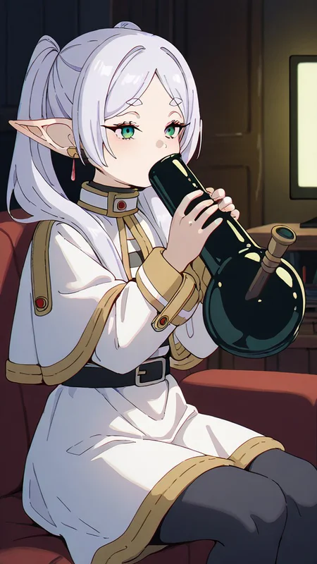 ,masterpiece,best quality,newest, <lora:BongHitIL:1.0> bongil, 1girl, solo, inhaling, sitting, living room, dark room, tv, <lora:FrierenIXL:1.0> zzFrieren, long hair, twintails, green eyes, grey hair, pointy ears, elf, shirt, long sleeves, jewelry, earrings, striped, capelet, striped shirt, white skirt, black pantyhose,
