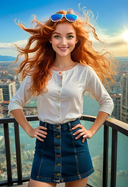 solo, 1girl, medium chest, nice body, young adult, 20 years old, Caucasian, pretty woman, redhead, ginger, long hair, parted hair, green eyes, sunglasses on top of her head, oversized longe sleeved shirt, shirt tucked in to her, button-front skirt, black denim skirt, a-line skirt, balcony, wind, floating hair, day, sunlight, blue sky, contrapposto, arched back, hand on own hip, smile, closed mouth, looking at viewer