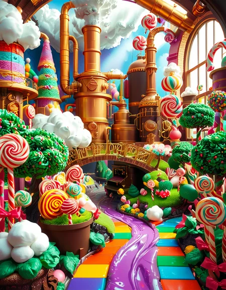 A whimsical and magical photo of Willy Wonkaâs Chocolate Factory. The scene captures the exterior of the factory, featuring a towering, fantastical building with colorful, crooked chimneys puffing out clouds of candy-scented steam. The walls are made of vibrant bricks in shades of purple, gold, and red, with intricate candy-inspired patterns carved into the structure. A large, ornate gate made of swirling lollipop shapes stands at the front, with the name "Willy Wonka" emblazoned in gold letters. Surrounding the factory is a lush, surreal landscape filled with oversized candy canes, gumdrop bushes, chocolate rivers, and trees made of cotton candy. The sky is bright and cheerful, with fluffy clouds that resemble whipped cream. The entire setting feels magical, playful, and inviting, full of bright, saturated colors and incredible, dreamlike details that spark the imagination.
<lora:SDXLFaeTastic2400:0.4> <lora:extremely_detailed:0.4> extremely detailed, <lora:Willy_W0nk4_chocolate_f4ct0ry:1>,Willy W0nk4 chocolate f4ct0ry, Masterpiece,best quality,hi res,8k,hi res,8k,award winning,(sharp focus, intricate, highly detailed),