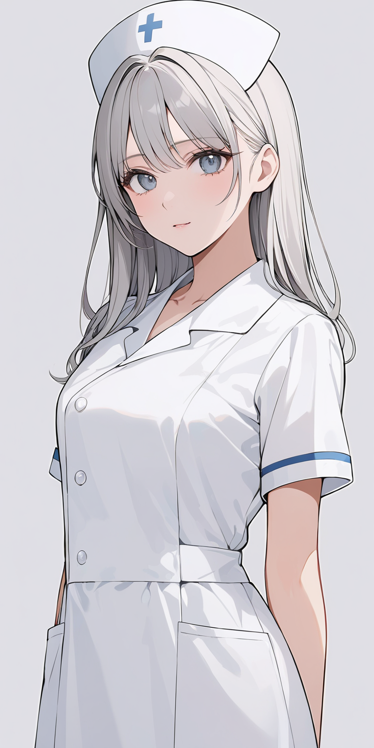 masterpiece,ultra-detailed,best quality,8K,illustration,cute face,clean skin ,shiny hair,girl,ultra-detailed-eyes,simple background, <lora:add-detail-xl:1> <lora:nurse_XL_V1.0:1> nurse, white dress, nurse cap