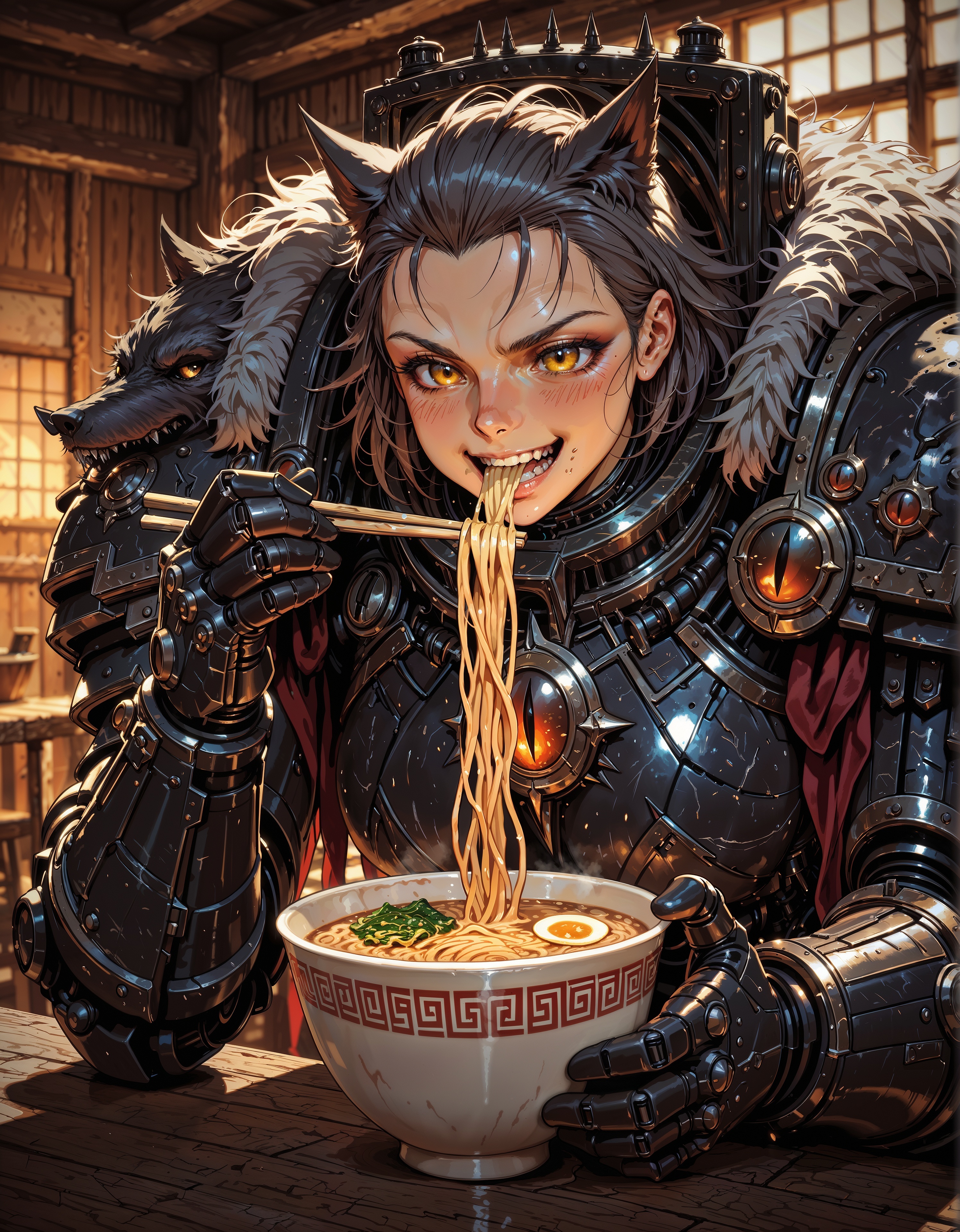 masterpiece, best quality,high quality, newest, highres,8K,HDR,absurdres, 1girl, solo, iLLHorusL40K, happy, cute, power armor, seated at a rustic wooden table, eating ramen, holding chopsticks, japanese tavern, , intense lighting, detailed background, depth of field, dynamic composition  <lora:iLLHorusL40K:1> <lora:iLLMythM4gicalL1nes:0.8> M4gicalL1nes