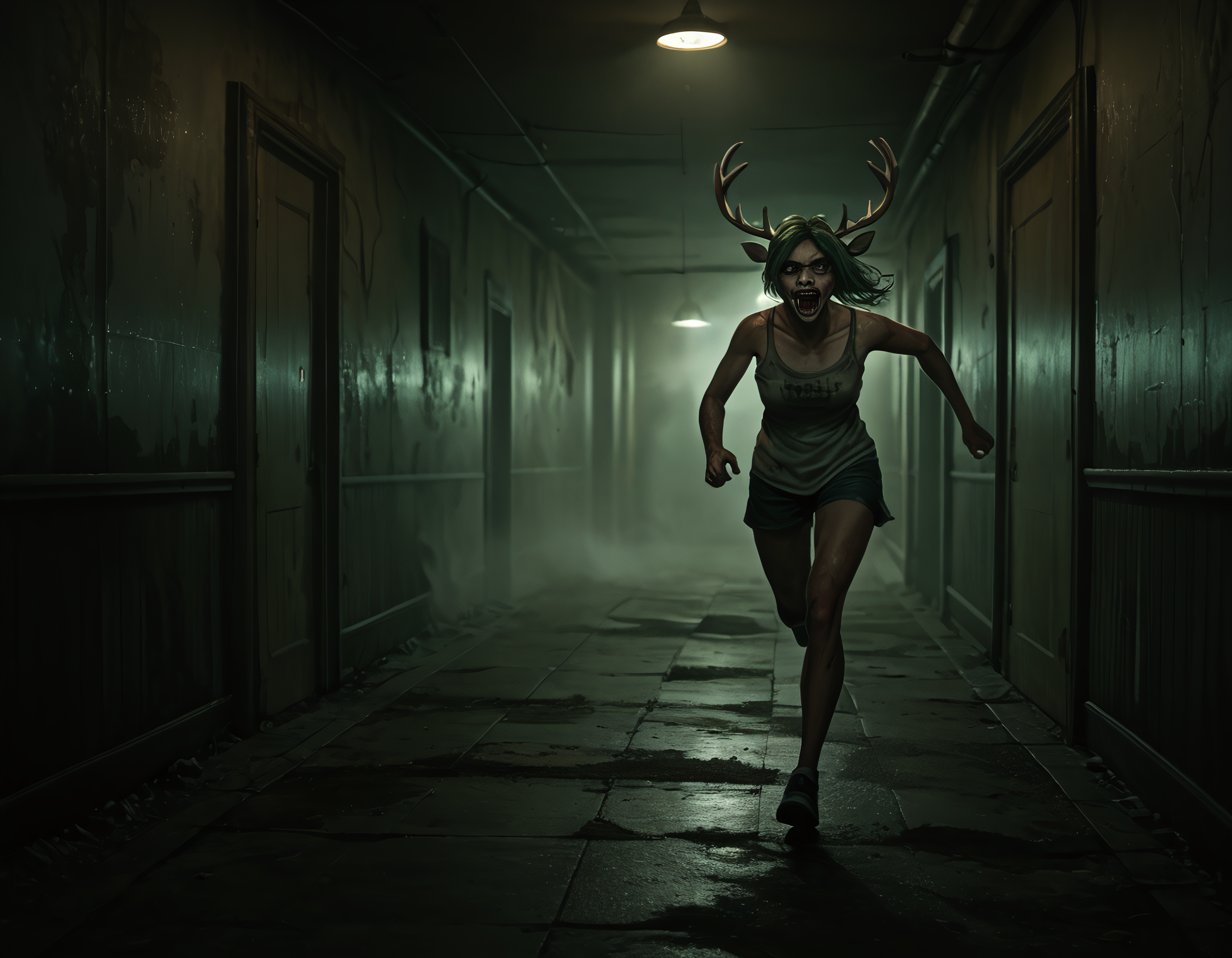 score_9_up, score_8_up, score_7_up, dynamic pose, full body, looking at viewer, 1girl, female monster deer, long green hair, antlers, furry, running, angry, fangs, soft lighting, perfect hands, sfw, clothes, Silent Hill style, horror, fog, high resolution, detailed, masterpiece <lora:Silent_Hill_Style>
