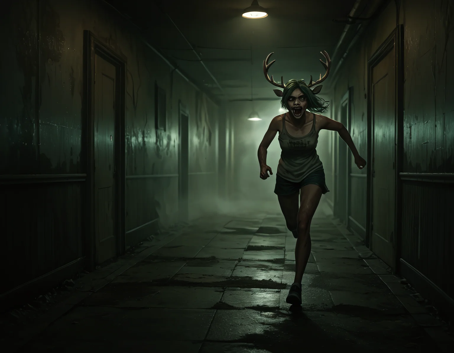 score_9_up, score_8_up, score_7_up, dynamic pose, full body, looking at viewer, 1girl, female monster deer, long green hair, antlers, furry, running, angry, fangs, soft lighting, perfect hands, sfw, clothes, Silent Hill style, horror, fog, high resolution, detailed, masterpiece <lora:Silent_Hill_Style>