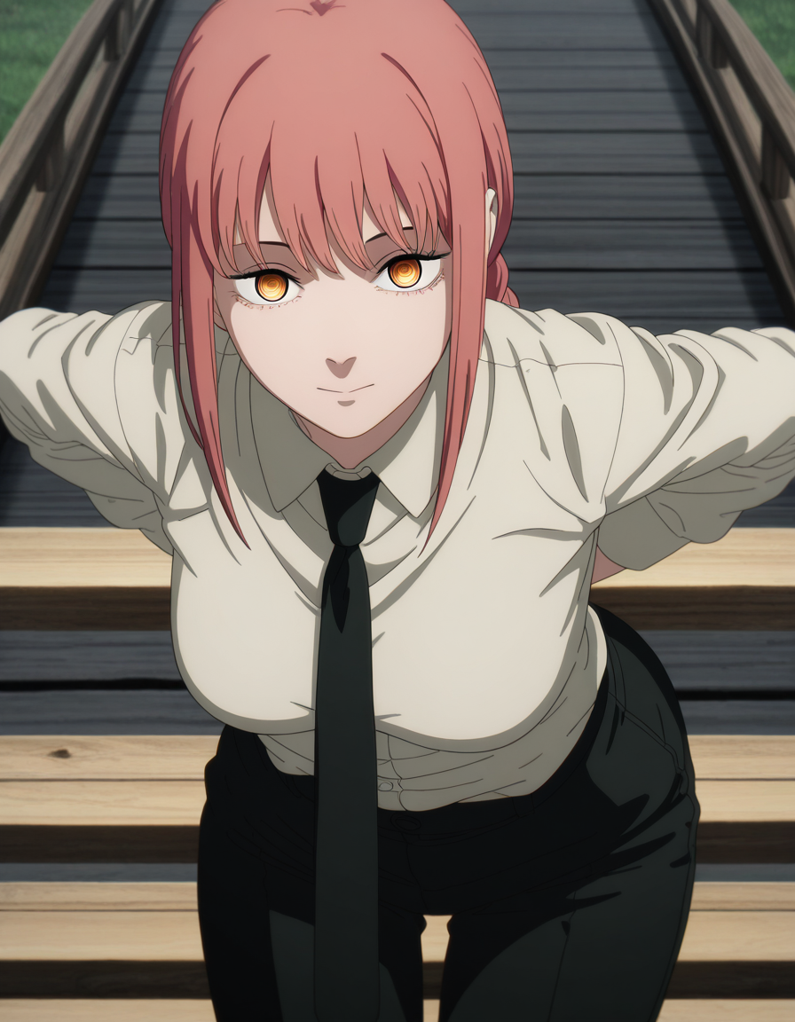 masterpiece, best quality, amazing quality,, <lora:chainsawman-makima-s1-illustriousxl-lora-nochekaiser:1>, makima, makima (chainsaw man), long hair, bangs, yellow eyes, braid, red hair, braided ponytail, ringed eyes, mature female, medium breasts, anime screencap, shirt, long sleeves, white shirt, necktie, collared shirt, pants, black pants, formal, suit, black necktie, shirt tucked in, office lady,, hands behind back, bent over,, wooden bridge, planks, rustic, crossing, narrow, cowboy shot, solo, looking at viewer