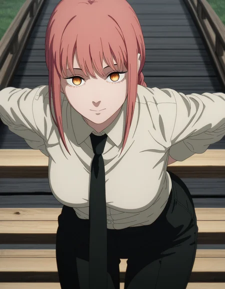 masterpiece, best quality, amazing quality,, <lora:chainsawman-makima-s1-illustriousxl-lora-nochekaiser:1>, makima, makima (chainsaw man), long hair, bangs, yellow eyes, braid, red hair, braided ponytail, ringed eyes, mature female, medium breasts, anime screencap, shirt, long sleeves, white shirt, necktie, collared shirt, pants, black pants, formal, suit, black necktie, shirt tucked in, office lady,, hands behind back, bent over,, wooden bridge, planks, rustic, crossing, narrow, cowboy shot, solo, looking at viewer