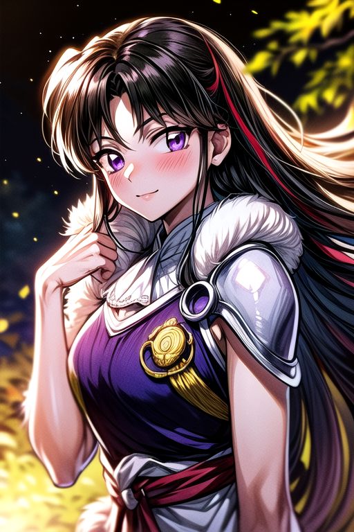 masterpiece,  best quality 1girl Setsun4 solo long hair,  (night time) forest background black hair very long hair purple eyes multicolored hair armor (fur trim) (medium body),<lora:EMS-179-EMS:0.800000>,<lora:EMS-293862-EMS:0.800000> bow, hair_bow, hair_tubes, red_bow, brown_hair, long_hair, bangs, ascot, frilled_bow, yellow_ascot, blush, smile, hair_between_eyes, athletic, armor, miko, ,(((intricate outfit,intricate clothes,embroidered outfit,ornate outfit,embroidered clothes,ornate clothes))),