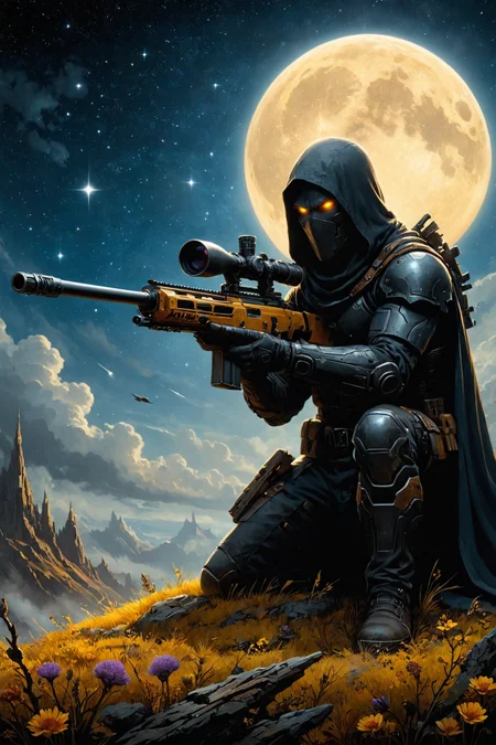 by  Andy Kehoe  and  Richard S. Johnson ,   using a sniper rifle <lora:sniper_rifle:0.50>    <lora:more_art:0.40> <lora:faetastic:0.15> <lora:midjourney:0.10> <lora:dpo:0.25>