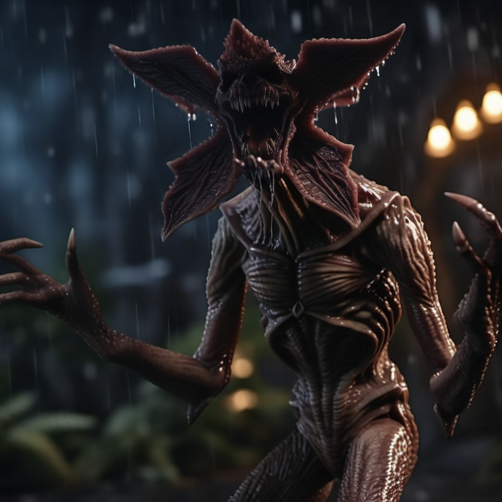 Demogorgon1024, a threatening monter, driping wet, fighting pose, dark, rain, horror, scary, highly detailed , ultra sharp, photograph, film, bokeh, professional, 4k, highly detailed   <lora:add-detail-xl:1.5>