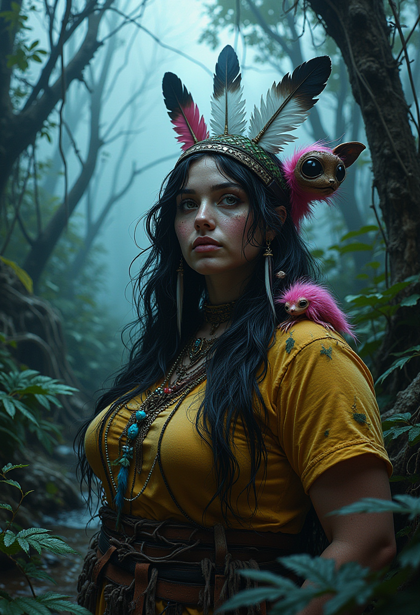 a plump american indian woman with her feather headdress, a yellow t-shirt, a cute alien creature with pink fur on her shoulder, in front of a mist-covered swamp, wide shot, dark atmosphere, greenery, jungle, mist, complementary colors, dark, gloomy, looking at viewer, atmospheric, blue orange tones, wide angle, from above,  celestial, ethereal, soothing, calm
