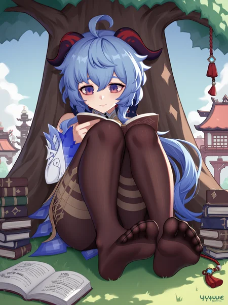 score_9,score_8_up,score_7_up,score_6_up, source_anime,
1girl, solo, <lora:SeeDark_Style_Pony_v3:0.9> , detailed face, detailed eyes, (ganyu \(genshin impact\):1.5), sitting under tree, big tree, in shade, (reading book:1.5), knees together, (toes together:1.3), pantyhose, thicc thighs, wide hips, (chinese town, liyue:1.5), liyue, tired, smile, (foreshortening, feet focus:1.4), (looking down at book:1.1), pile of books,
