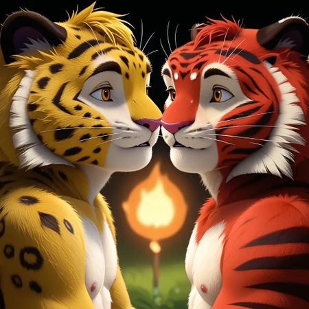 score_9, score_8_up, score_7_up, text by zBodiRD,
leoandtig, crossover, tiger, white background, leo, leopard, yellow fluffy leopard, the leopard's fur is short, soft and thick, bright yellow with small black dots, The tiger's body also seems full because of its thick fur. The body is large, strong, powerful and dense. The paws are heavy, strong, wide and powerful - well adapted for fighting, The fur is fluffy, long, thick, soft and warm, fiery orange, almost red in color, There are thin black stripes all over the body (they are missing only between the eyes),
dutch angle, high quality, hires, anthro, detailed background, detailed eyes, emotional, easy negative, teeth, blurry background, furry, pectorals, furry_male, furry, (Beautiful colors), (colorful), bright colors, (highlighted), 
different sizes of characters, they hold hands, balls, Split Lighting style