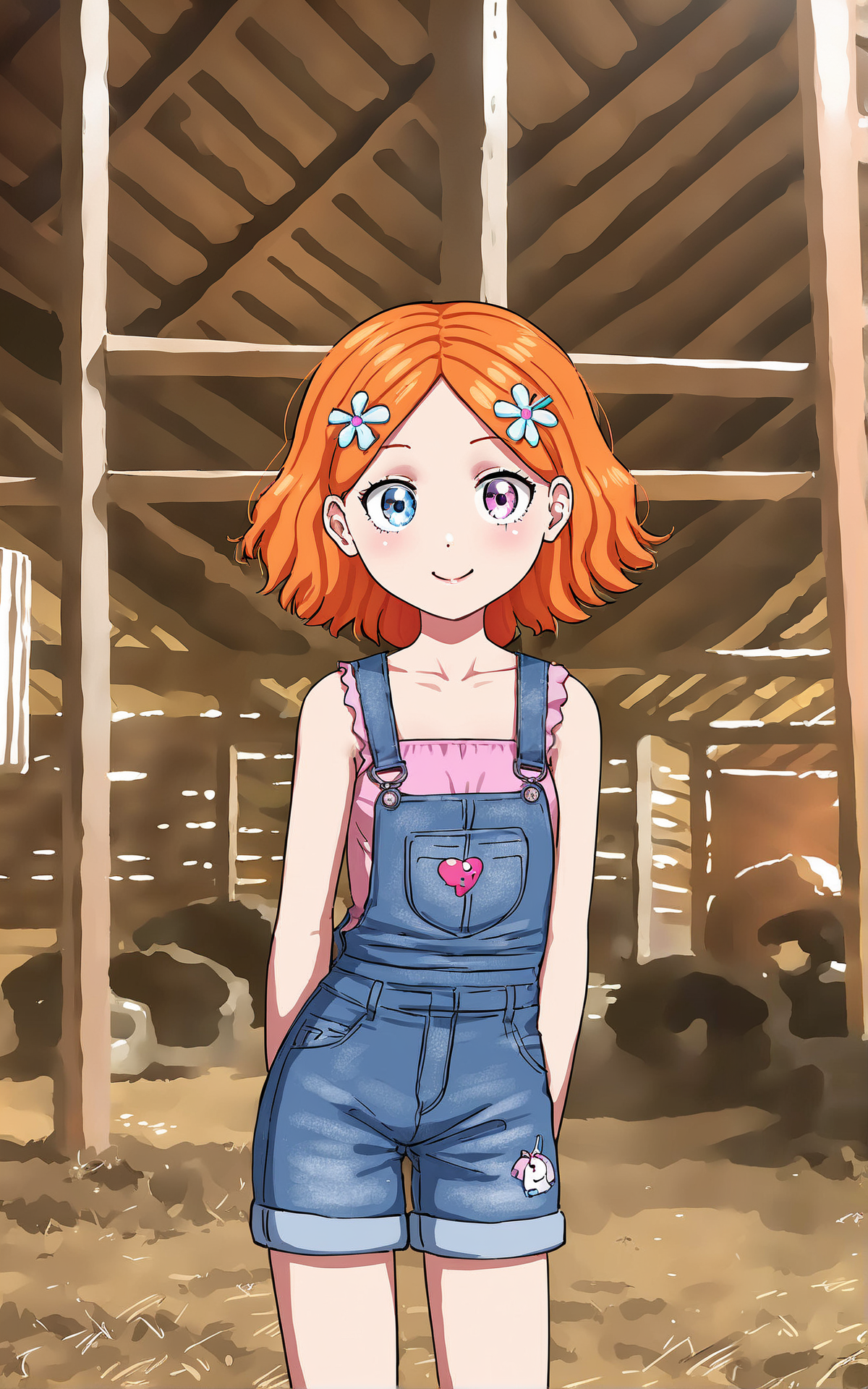 score_9_up, source_cartoon, suzieq, 1girl,  orange hair, solo. hair ornament, flower, hair flower, short hair, blue eyes,heterochromia,  hairclip, overalls. shorts.
