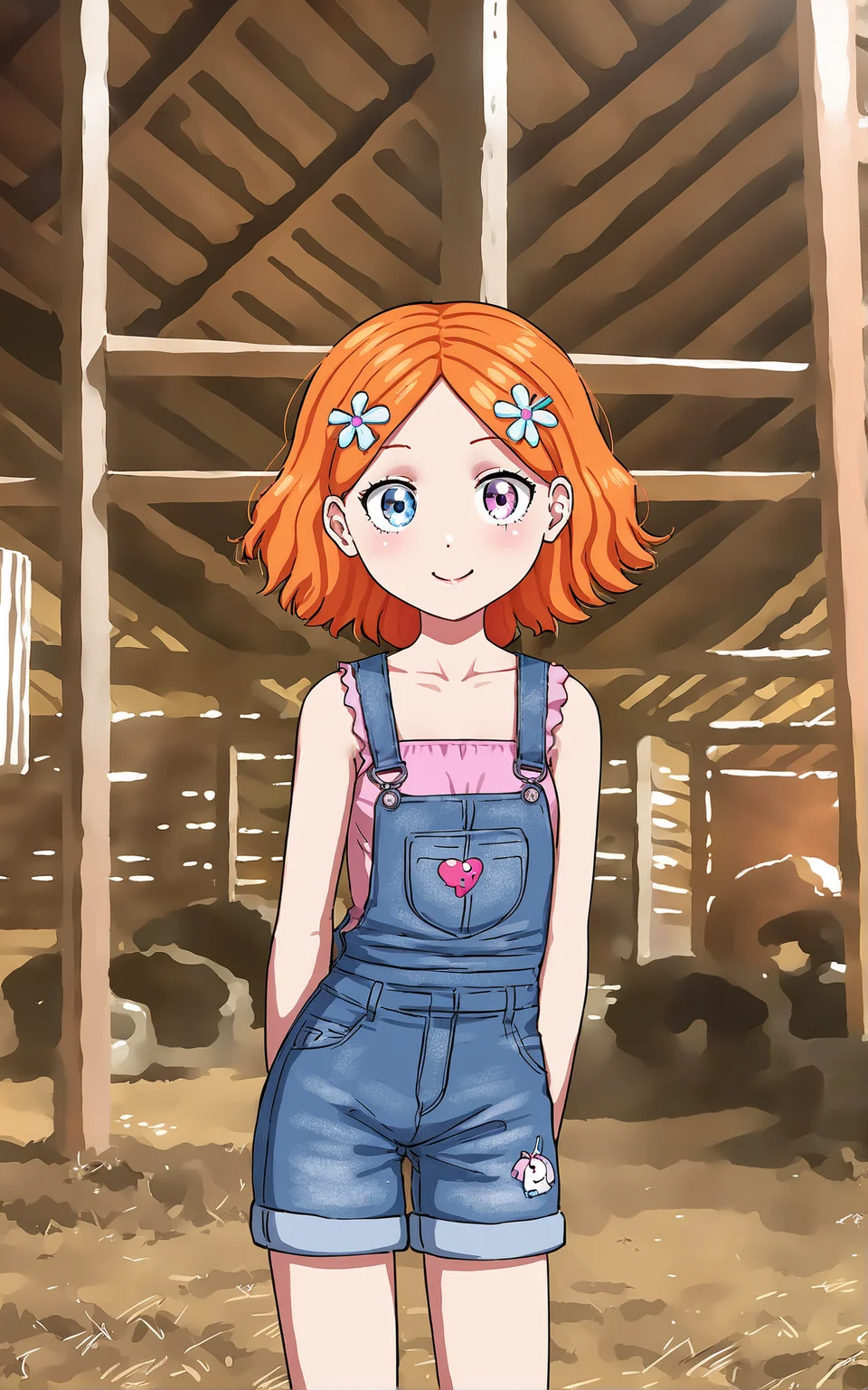 score_9_up, source_cartoon, suzieq, 1girl,  orange hair, solo. hair ornament, flower, hair flower, short hair, blue eyes,heterochromia,  hairclip, overalls. shorts.