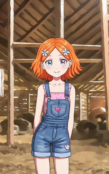 score_9_up, source_cartoon, suzieq, 1girl,  orange hair, solo. hair ornament, flower, hair flower, short hair, blue eyes,heterochromia,  hairclip, overalls. shorts.