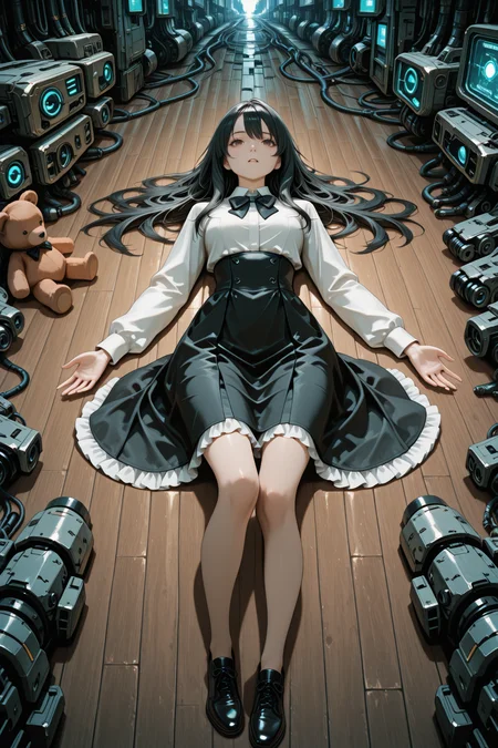 embedding:lazypos, 1girl, solo, long hair, looking at viewer, shirt, skirt, black hair, long sleeves, bow, hair between eyes, very long hair, brown eyes, white shirt, parted lips, lying, shoes, collared shirt, solo focus, bowtie, black skirt, on back, black footwear, black bow, shadow, stuffed toy, frilled skirt, stuffed animal, high-waist skirt, black bowtie, empty eyes, teddy bear, wooden floor, on floor, multiple others, disembodied limb, glowing, science fiction, machinery,wide shot, cyberpunk <lora:TrendCraft_The_Peoples_Style_Detailer-v1.0A-3_13_2025-illustrious:0.6>