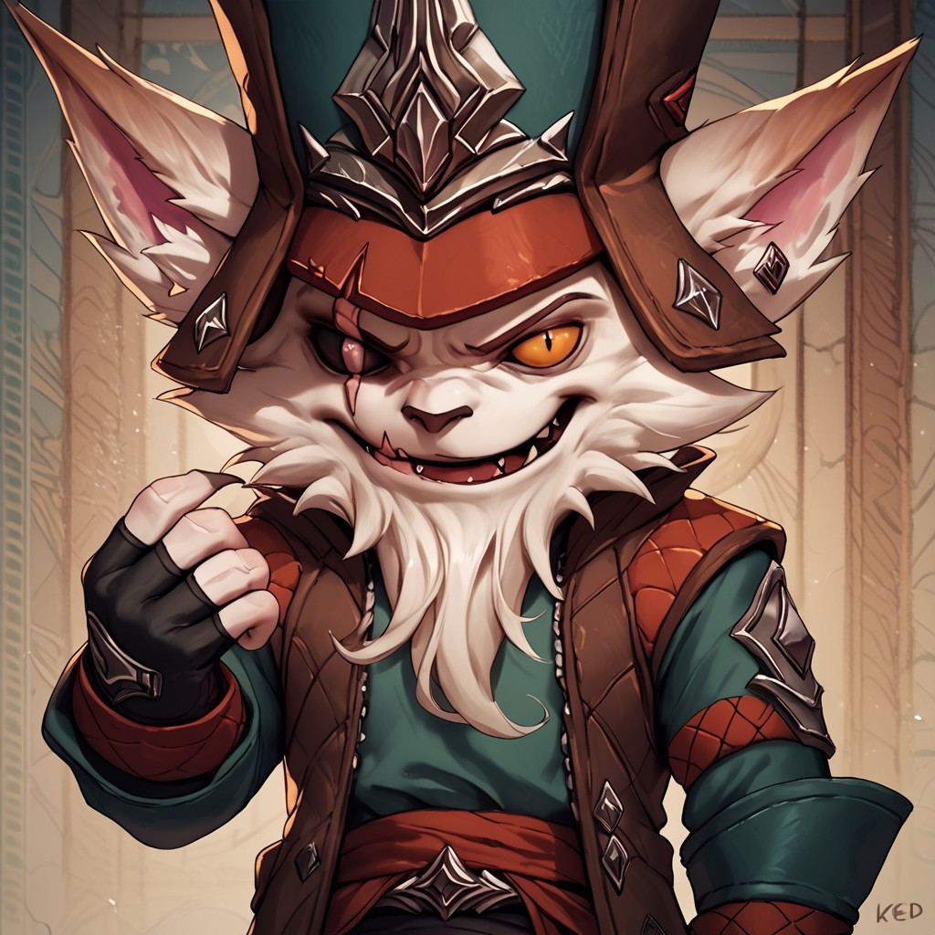 score_9, score_8_up, score_7_up, detailed background, Kled, Yordle, scar across eye, colored sclera, hat, brown pants, fingerless gloves, 