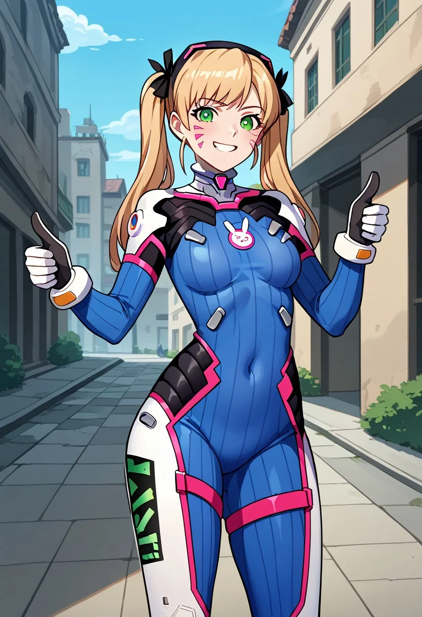 score_9, score_8_up, score_7_up, source_anime, 2d, anime_screencap,
1girl, solo, kirarasuzunesweethome, blonde hair, long hair, twintails, hair ribbon, green eyes, overwatch dva cosplay, d.va (overwatch) (cosplay), bodysuit, cosplay, covered navel, skin tight, vertical-striped bodysuit standing, outdoors, city ruins, grin, thumbs up