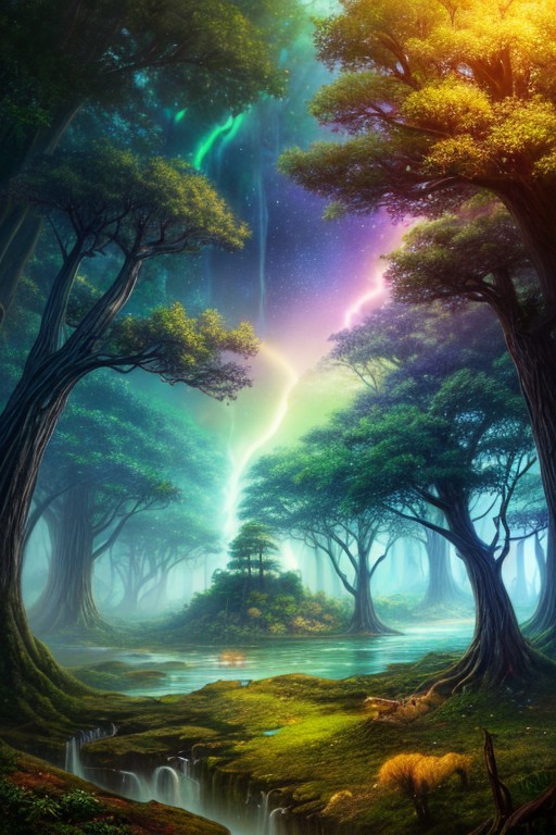 Surreal oil painting,
fantasy forest,giant trees,
an expansive ancient forest, featuring towering oaks, diverse wildlife, a variety of flora, and a feeling of grandeur,forest lake,waterfalls,
glowwave,
dawn,
thunderstorm, and many small clouds, and slightly cloudy,,,