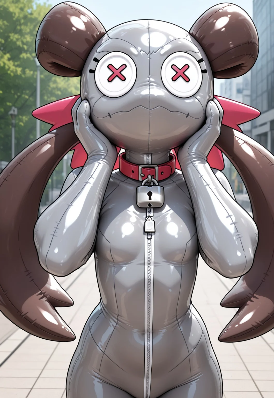 masterpiece, high quality, score_9, score_8_up, score_7_up, solo,1boy, shinyzzRoxanne, roxanne (pokemon), long hair, brown hair, twintails, hair pulled back, grey latex skin, living inflatable, bylivinginflatable, animate inanimate, living plushie, collar, zipper, public background, outdoors, latex paws, [green bag over head::0.1],zzGeodude, mask, (button eyes), cosplay, covered face, padlock, animal collar, covered neck, stitched