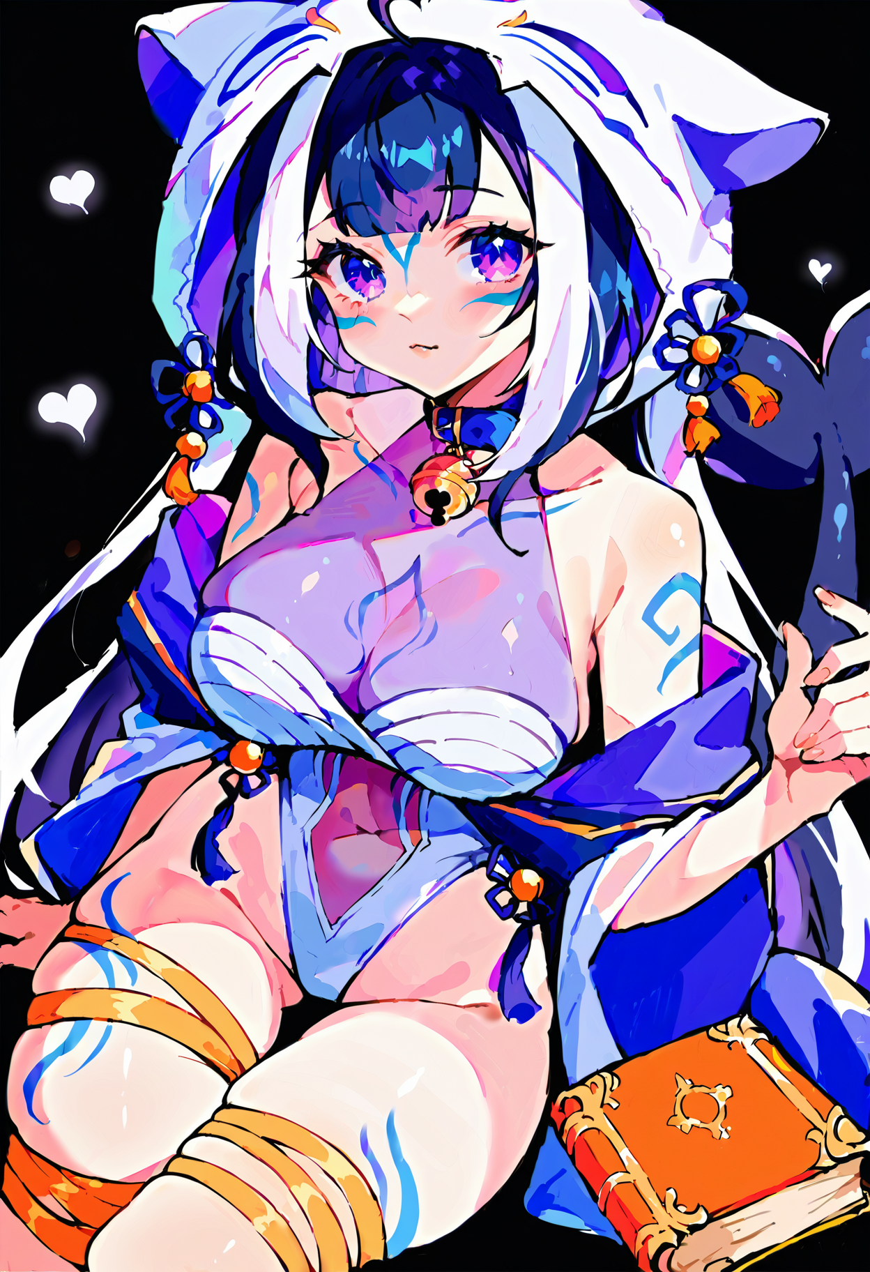 score_9, score_8_up, score_7_up, uncensored, source_anime, 1girl, <lora:spshylilyXLPony:1> shylily3rd, heart ahoge, facial mark, fins, body markings, cetanean tail, blue collar, belt collar, jingle bell, see-through swimsuit, white one-piece swimsuit, casual one-piece swimsuit, see-through cleavage, highleg swimsuit, thigh strap, halterneck, animal hood, black background, book, :3
