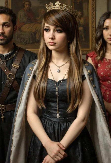 a detailed high renaissance oil painting portrait of a Emo_JBX emo young woman, long emo haircut with bangs parted at side covering forehead, straight light brown hair with blonde highlights, wearing a royal dress, black eyeliner, thin, pretty, standing with hands together in a medieval royal court, wearing queen's crown, meticulously painted with visible brushtrokes