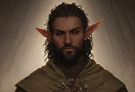 solo, short pointy ears, piercings, random elf face, aquiline features, male dark elf, masculine, beard, weathered skin, large nose, athletic build, animated realism, zoomed out, Syrian features, torso, brass pipes and gears, intricate architecture, dwarven masonry, dwemer fixtures, white-green light, gloomy lighting, ancient ruins, interior, stone tiled floor, grey-blue skin, mahogany and ivory clothes, medium armor, bone plate armor, ivory straps and fittings, grey wood neckguard, dark red sclera, black pupils, distant mushroom forest, blue-green light, neon, highly detailed, defined features, looking at viewer, three quarters view, from front, dynamic lighting, 36 years old, light and shadows, patterned cloth, annoyed expression, expressive eyes, detailed medieval clothes, cropped hair, wavy hair, thick hair, beaded hair, braided hair, under cut hair, semirealistic, alien elf, spanish features, jewish features, black hair, dark red hair, umber skin, sharp features, pastel green berber print cloak, nighttime, high detail, absurdres, pretty eyes, detailed eyes, red eyes,