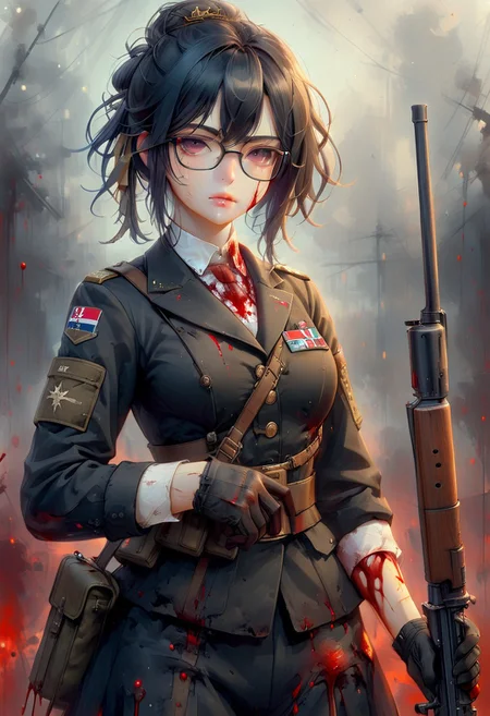 FFROA, full body, 1girl, a soldier, victorian rifle, perfect face, black gloves, ss uniforms, black messy hair, glasses, scar on face, blood on uniforms,