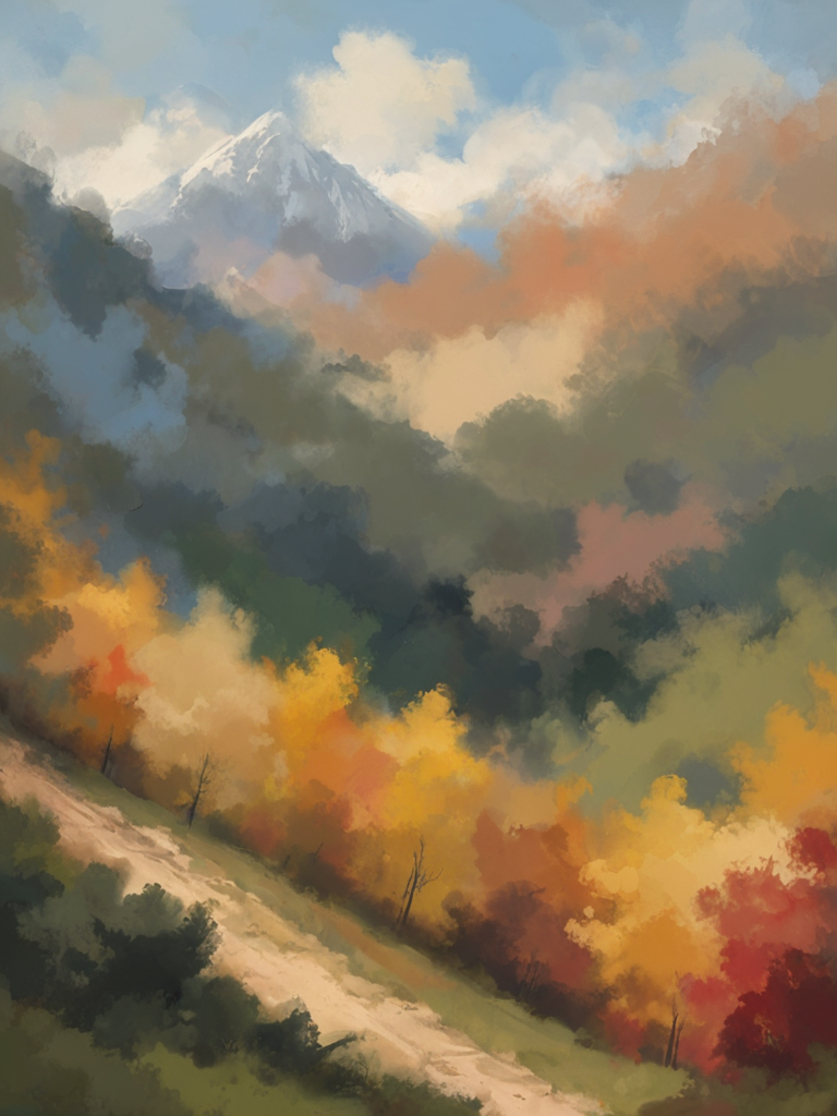 ptm-no2, a mountain range on a sunny day in a colorful forest ,  <lora:- SDXL - ptm-no2_style_V1.0:.8>  <lora:- SDXL - n-eeyblch_eye_bleach_V1.0:-0.8> n-eeyblch