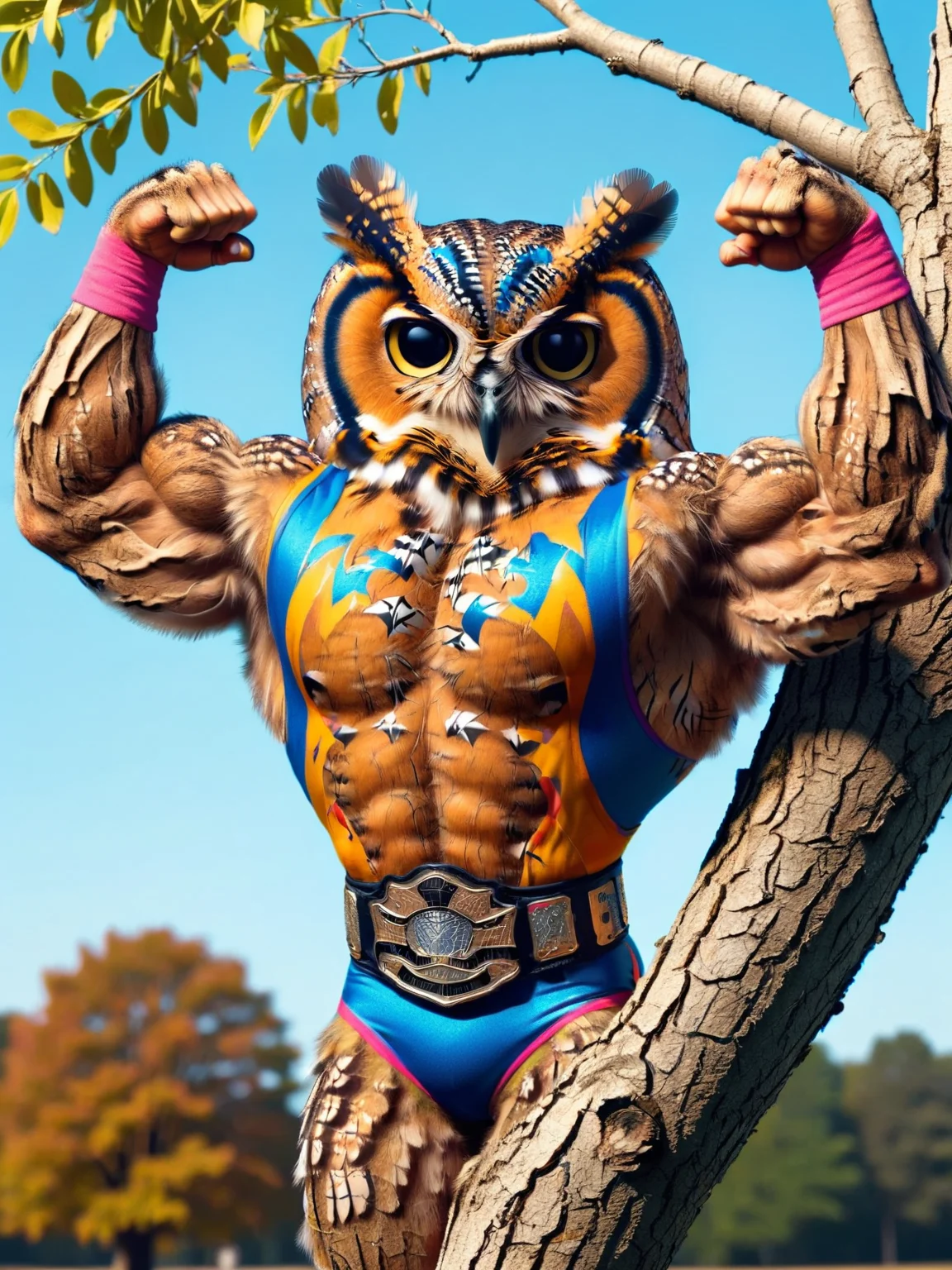 ais-wrestlerz owl, flexing muscles in a tree <lora:Wrestlers_Style_SDXL:1>