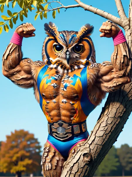 ais-wrestlerz owl, flexing muscles in a tree <lora:Wrestlers_Style_SDXL:1>