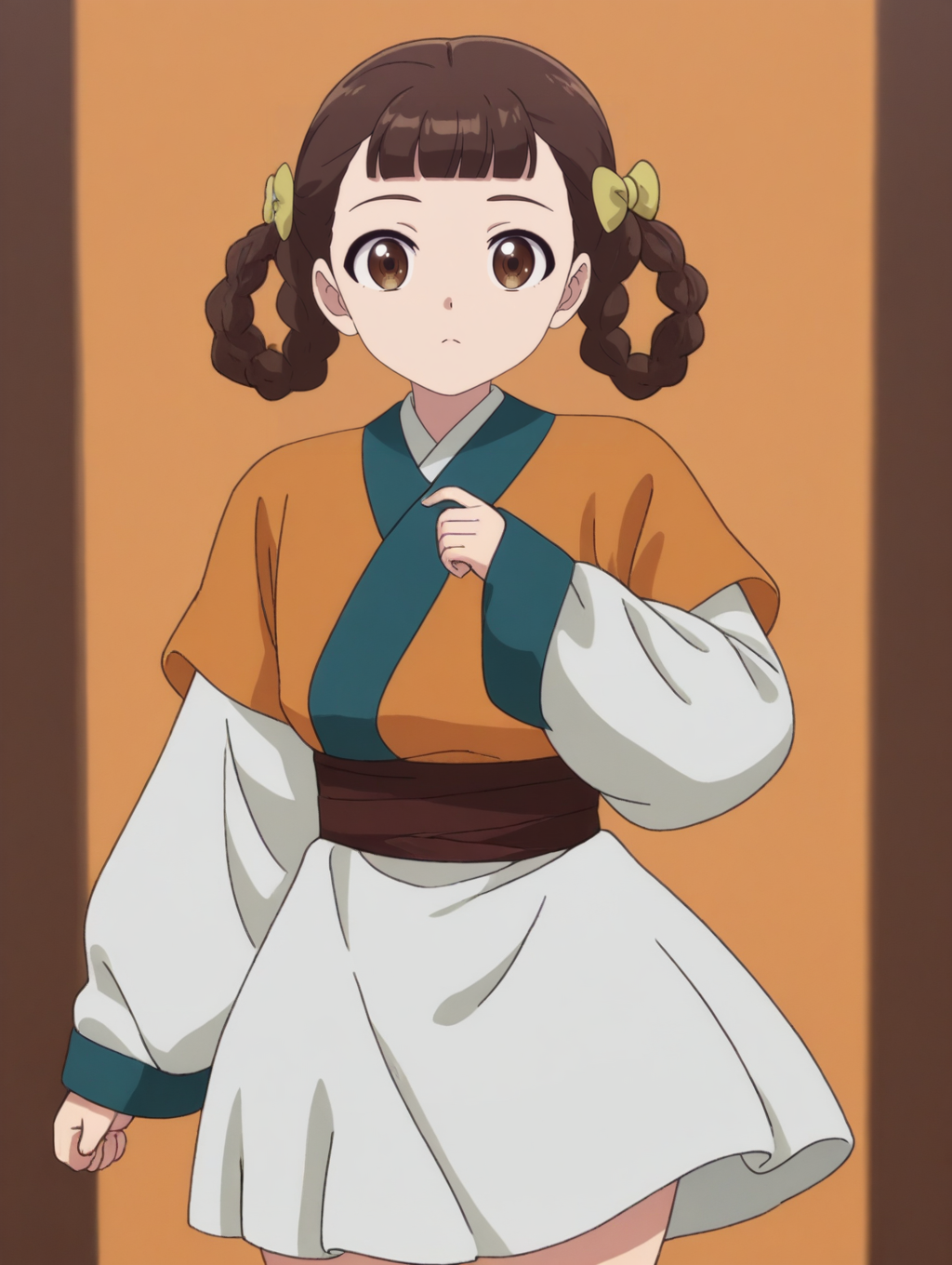 1girl,cowboy shot,
ywxl,brown hair,hair bow,braided hair rings,brown eyes,brown sash,short over long sleeves,orange short sleeves,white long sleeves,white skirt,brown footwear,
looking at viewer,,<lora:ywxiaolan_noob:1>
