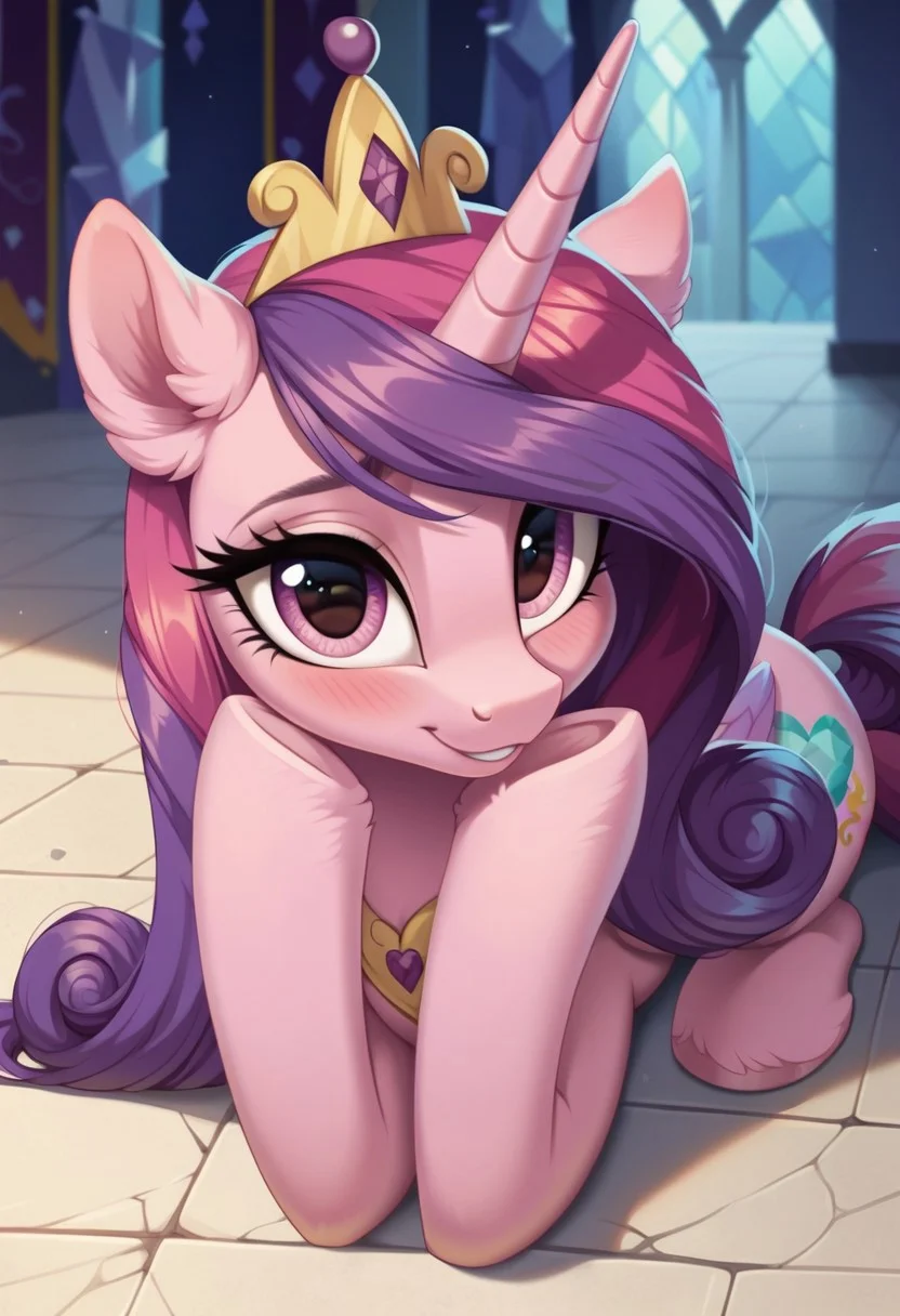score_9, score_8_up, score_7_up, score_6_up, score_5_up, score_4_up, my little pony, solo, pony, feral pony, princess cadens, crystal castle, sit, on knees, smile, blushing, shy, look at you, beautiful, detailed, detailed fur, beautiful, vector, flat colors, (beautiful long eyelashes), ((close-up)), high angle