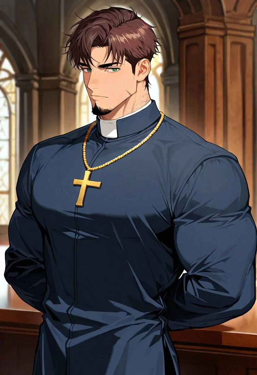 score_9,score_8_up,score_7_up, score_9, score_8_up, Intricate Details, Masterpiece, Best Quality, 1man, mature, bara, solo, male focus, correct anatomy, perfect hands, stylized seinen anime style, lots of details, shaded, detailed shading, detailed skin, counter shading, handsome, hyper-muscular, brown hair, professional styled hair, business cut, green eyes, goatee and 5 'oclock shadow, gold necklace with a cross, hands behind back, dressed as a priest, sinful priest, hairy body:2.2