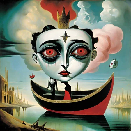 "couple with a  man, a bright white face, and women dark black face with red eyes looking straight at you in a boat More surrealism and madness.much more surrealism and crazy designs. With gold and cardinal red surreal Salvador Dali clouds coming out of her head.more surrealism and bizarre designs with bright vibrant colours.