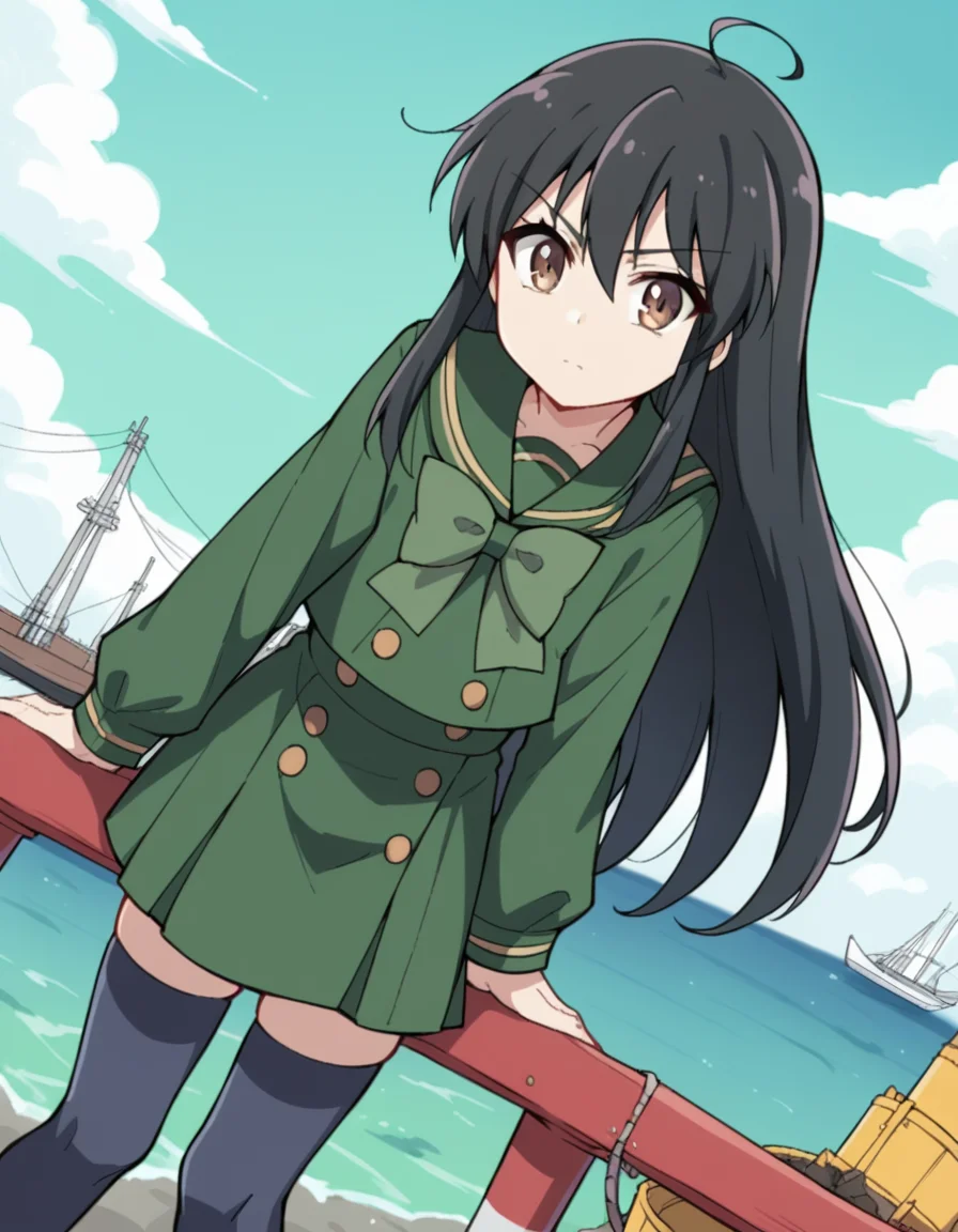 score_9, score_8_up, score_7_up, source_anime, <lora:shakugan-no-shana-s3-ponyxl-lora-nochekaiser:1>, shana, long hair, black hair, brown eyes, ahoge, sidelocks,, school uniform, serafuku, green serafuku, bowtie, green bowtie, green shirt, green sailor collar, long sleeves, green skirt, buttons, thighhighs,, shipyard, boats, construction, metal, workers, , leaning forward,, looking at viewer, solo,, dutch angle, cowboy shot