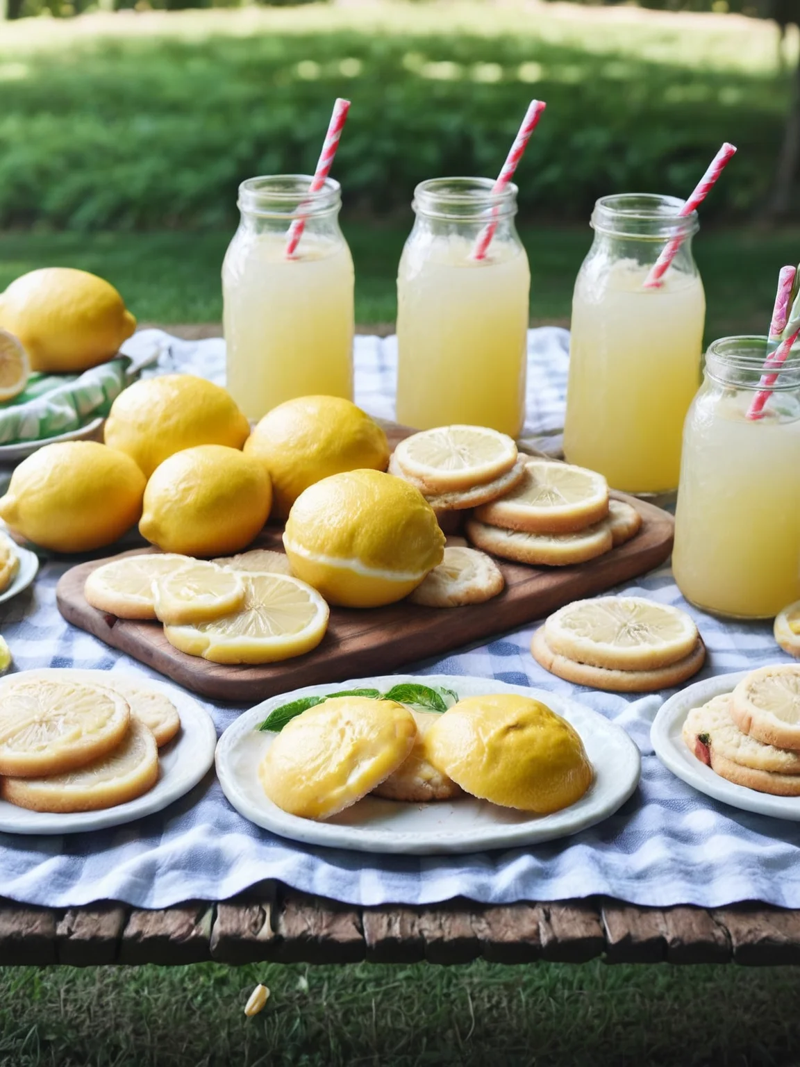 An ais-lmnsgr picnic spread featuring lemonade, sandwiches, and cookies <lora:ais-lmnsgr-sdxl:1>