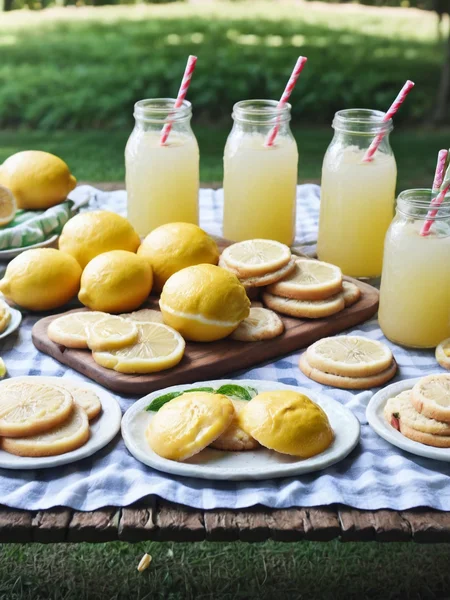 An ais-lmnsgr picnic spread featuring lemonade, sandwiches, and cookies <lora:ais-lmnsgr-sdxl:1>